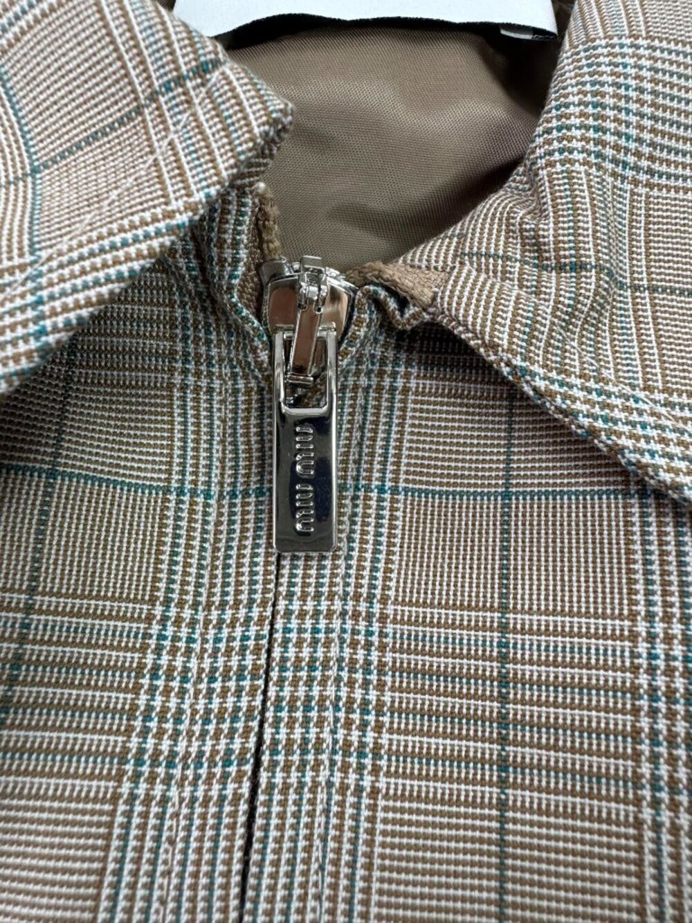 Miu Miu Plaid Collared Zip Bomber Jacket Metal Logo Unisex - Picture 3 of 11